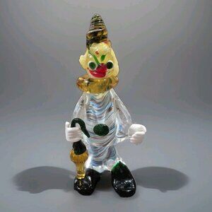VINTAGE MURANO 1950’s GLASS CLOWN FIGURINE. CLOWN WITH UMBRELLA! HAND MADE-BLOWN